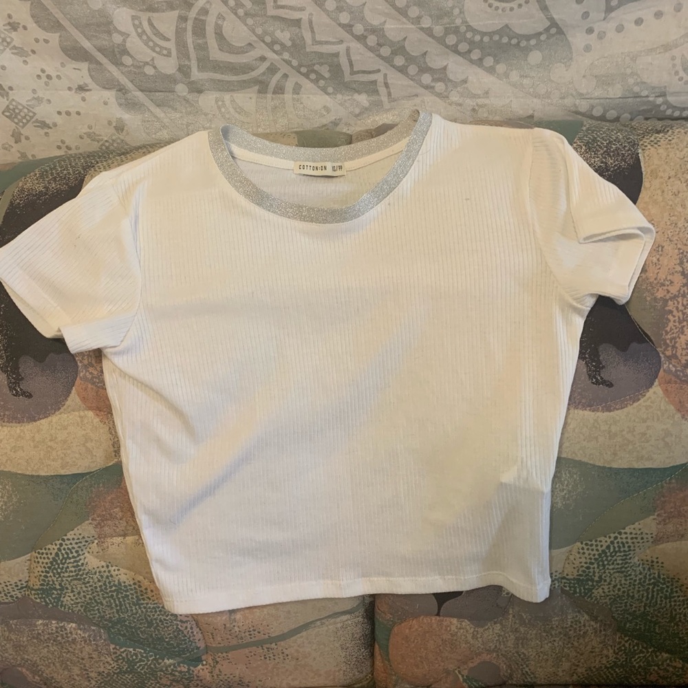 White cotton on crop top with glitter neck